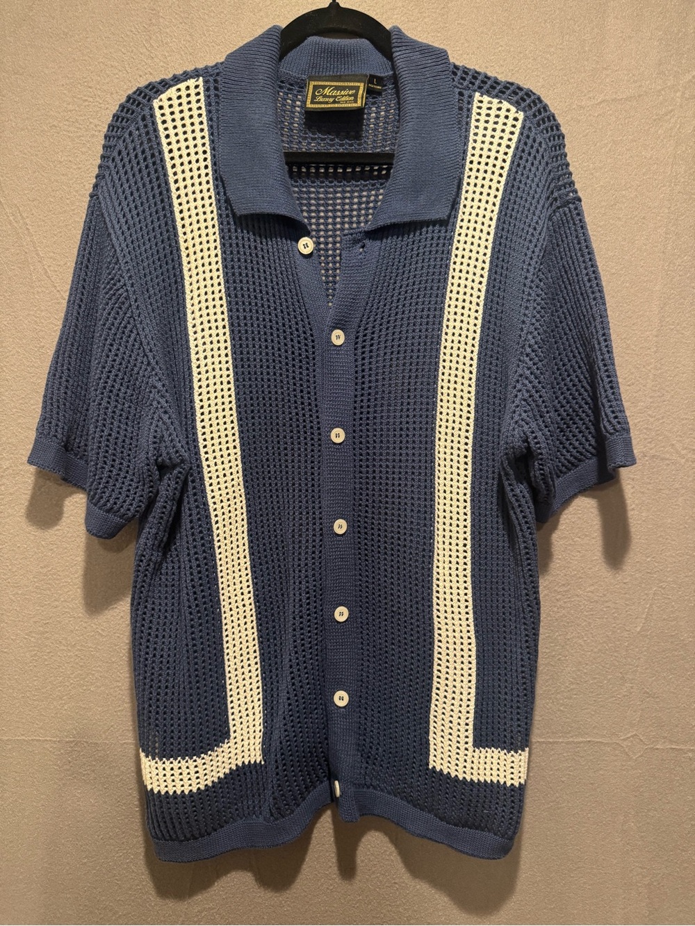 Classic Blue Open-Knit Polo Cardigan with Cream Stripes